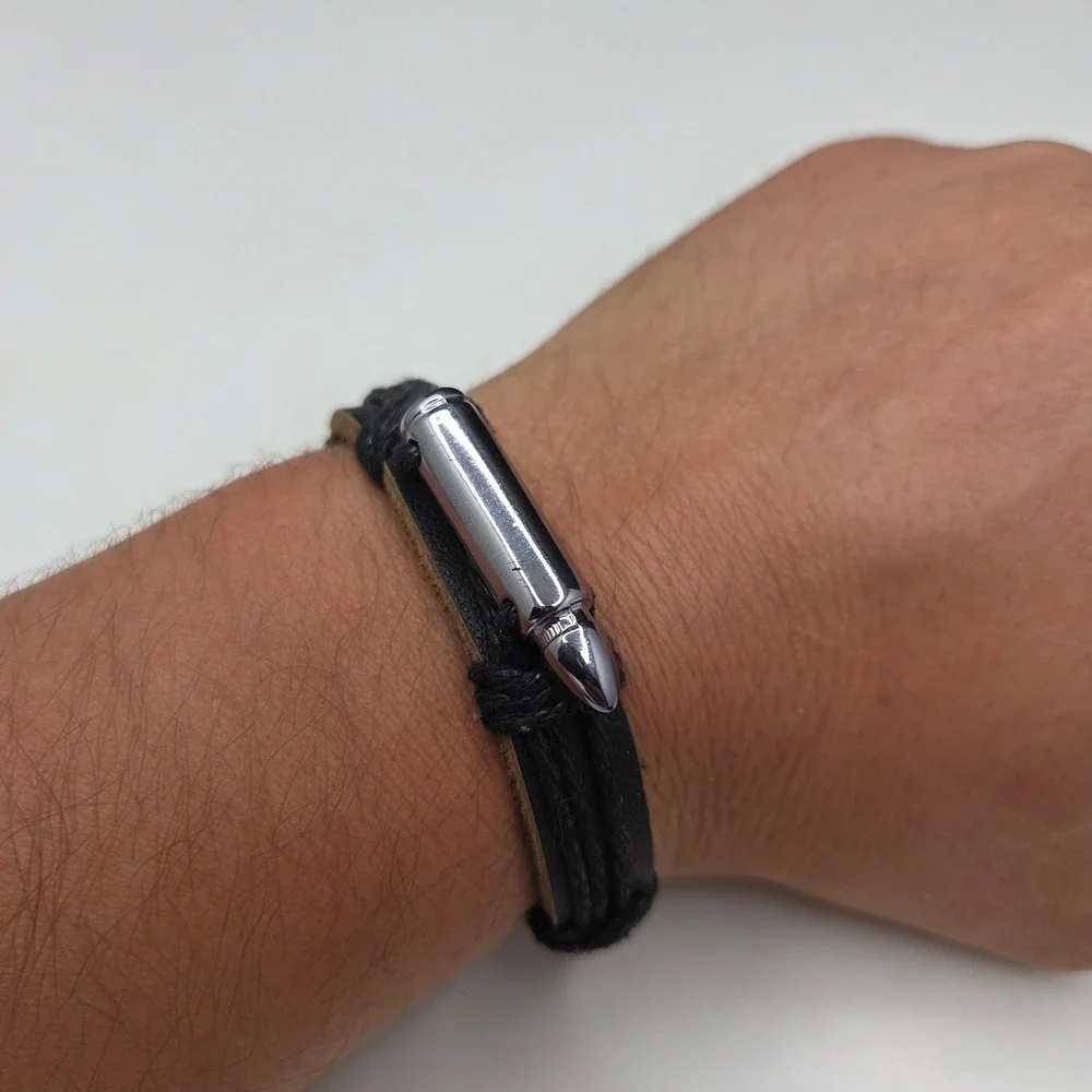 Unbranded Bullet Charm Leather Bracelet OS Black Silver Cord Wrap Adjustable